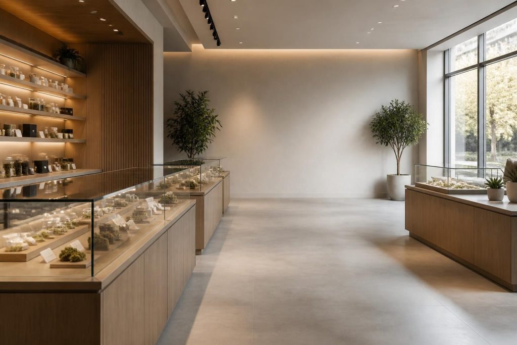 Clean dispensary interior with display cases and open space