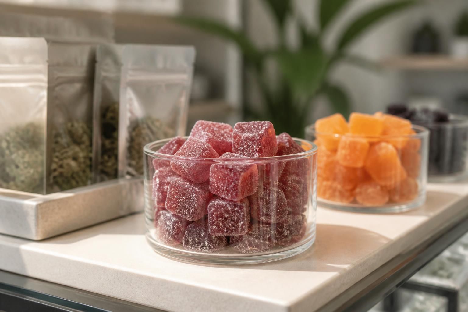 Cannabis edibles arranged neatly in a clean display