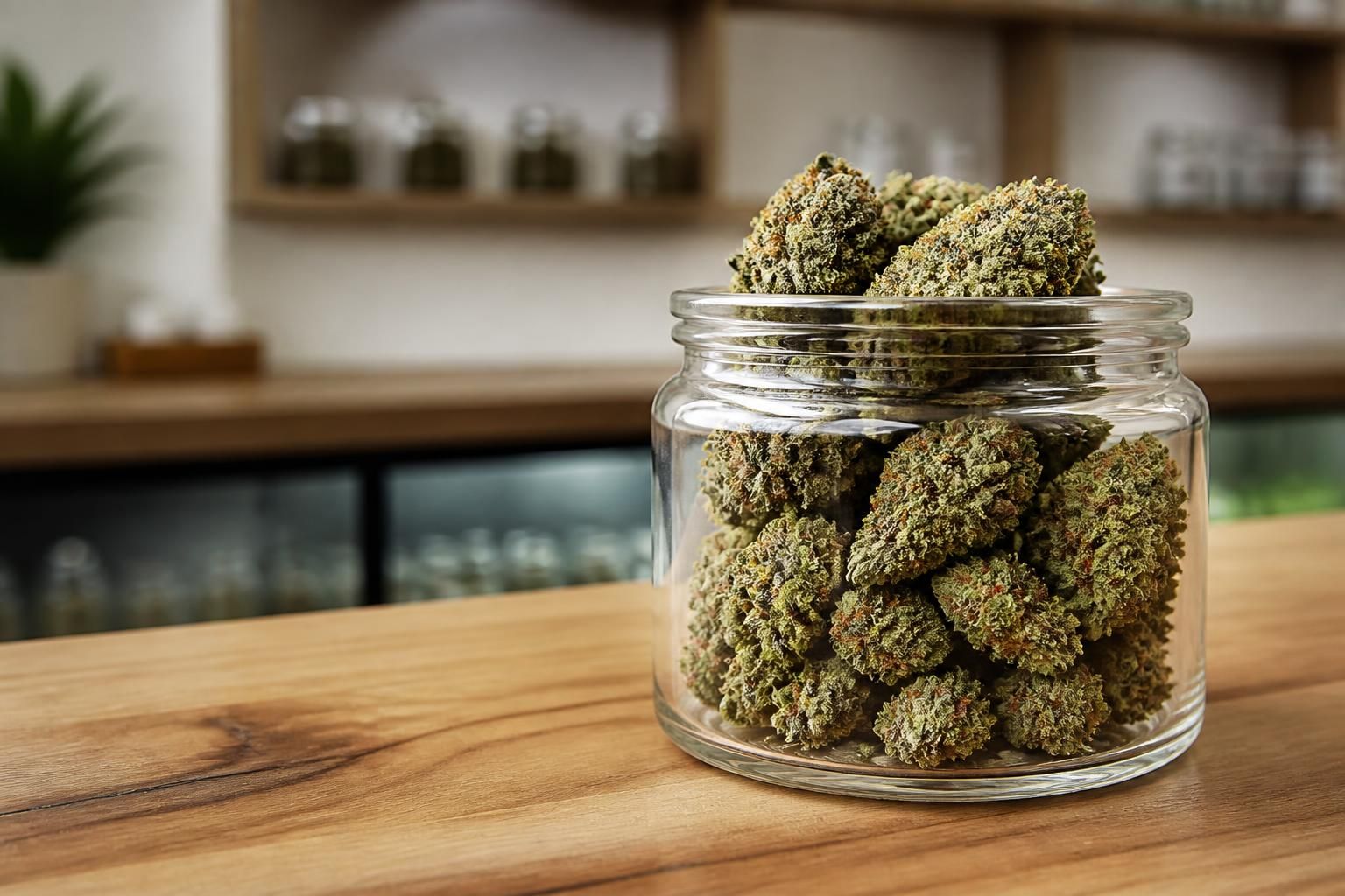 Premium cannabis flower in a clean dispensary display
