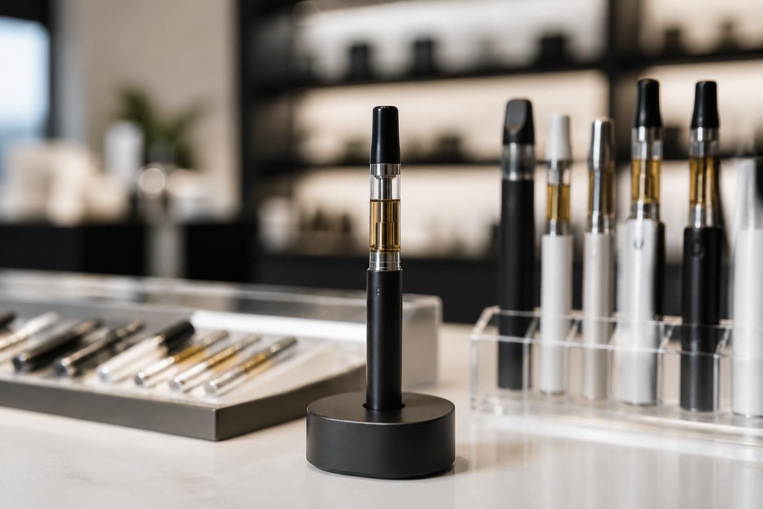 Vape products displayed neatly on a clean dispensary surface